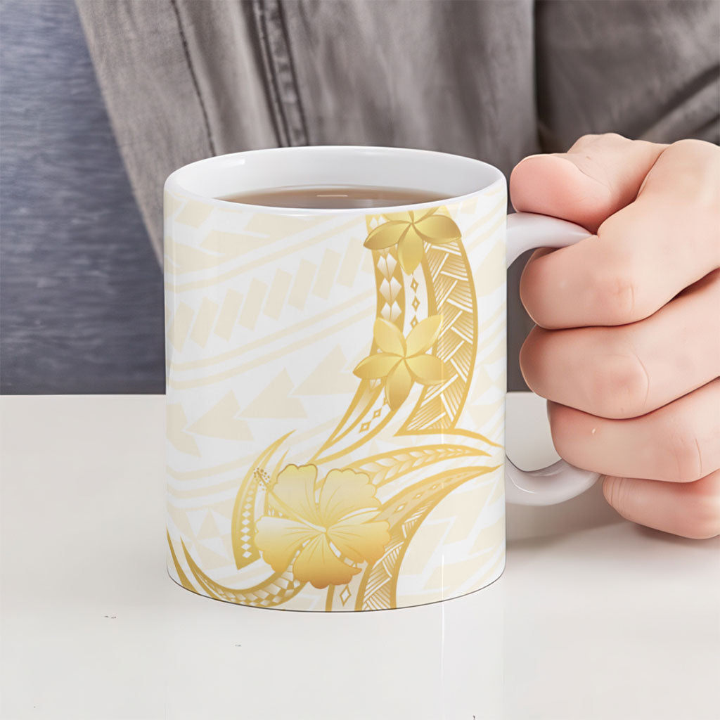 Polynesia White Sunday Ceramic Mug Polynesian Tattoo Plumeria Hibiscus Gold LT14 - Polynesian Pride