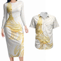 Polynesia White Sunday Couples Matching Long Sleeve Bodycon Dress and Hawaiian Shirt Polynesian Tattoo Plumeria Hibiscus Gold LT14 White - Polynesian Pride
