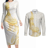 Polynesia White Sunday Couples Matching Long Sleeve Bodycon Dress and Long Sleeve Button Shirt Polynesian Tattoo Plumeria Hibiscus Gold LT14 White - Polynesian Pride