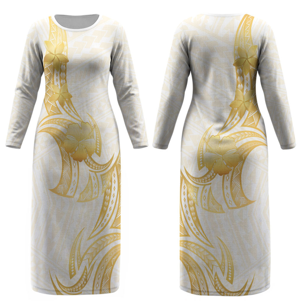 Polynesia White Sunday Couples Matching Long Sleeve Bodycon Dress and Long Sleeve Button Shirt Polynesian Tattoo Plumeria Hibiscus Gold LT14 - Polynesian Pride