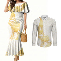 Polynesia White Sunday Couples Matching Mermaid Dress and Long Sleeve Button Shirt Polynesian Tattoo Plumeria Hibiscus Gold LT14 White - Polynesian Pride