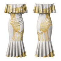 Polynesia White Sunday Couples Matching Mermaid Dress and Long Sleeve Button Shirt Polynesian Tattoo Plumeria Hibiscus Gold LT14 - Polynesian Pride