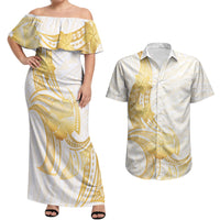 Polynesia White Sunday Couples Matching Off Shoulder Maxi Dress and Hawaiian Shirt Polynesian Tattoo Plumeria Hibiscus Gold LT14 White - Polynesian Pride