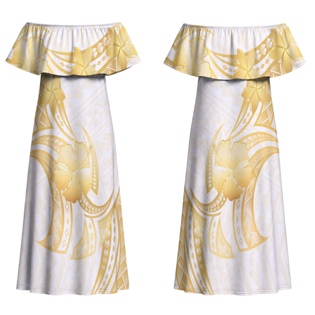 Polynesia White Sunday Couples Matching Off Shoulder Maxi Dress and Hawaiian Shirt Polynesian Tattoo Plumeria Hibiscus Gold LT14 - Polynesian Pride