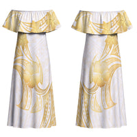 Polynesia White Sunday Couples Matching Off Shoulder Maxi Dress and Hawaiian Shirt Polynesian Tattoo Plumeria Hibiscus Gold LT14 - Polynesian Pride