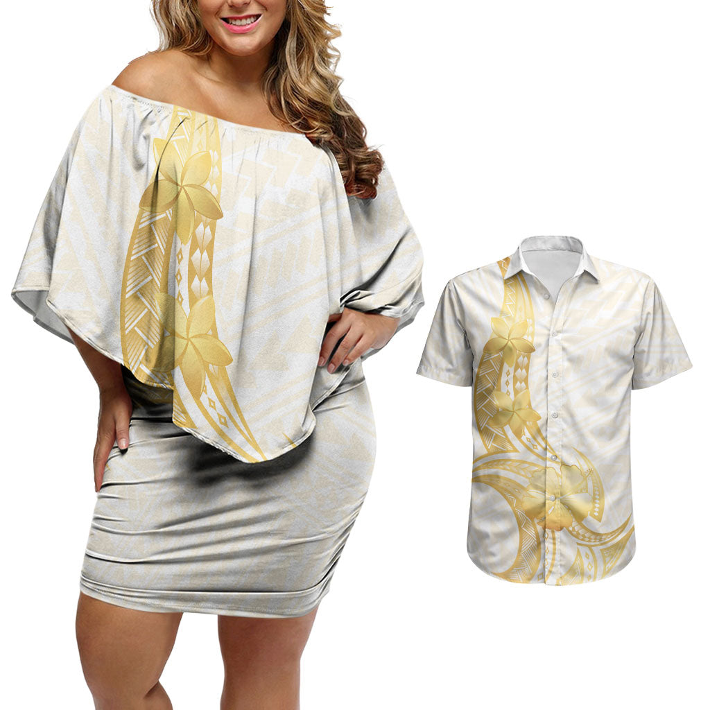 Polynesia White Sunday Couples Matching Off Shoulder Short Dress and Hawaiian Shirt Polynesian Tattoo Plumeria Hibiscus Gold LT14 White - Polynesian Pride