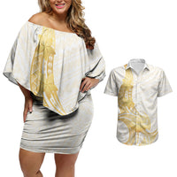Polynesia White Sunday Couples Matching Off Shoulder Short Dress and Hawaiian Shirt Polynesian Tattoo Plumeria Hibiscus Gold LT14 White - Polynesian Pride
