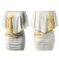Polynesia White Sunday Couples Matching Off Shoulder Short Dress and Hawaiian Shirt Polynesian Tattoo Plumeria Hibiscus Gold LT14 - Polynesian Pride