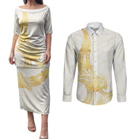 Polynesia White Sunday Couples Matching Puletasi and Long Sleeve Button Shirt Polynesian Tattoo Plumeria Hibiscus Gold LT14 White - Polynesian Pride