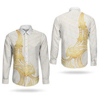 Polynesia White Sunday Couples Matching Puletasi and Long Sleeve Button Shirt Polynesian Tattoo Plumeria Hibiscus Gold LT14 - Polynesian Pride