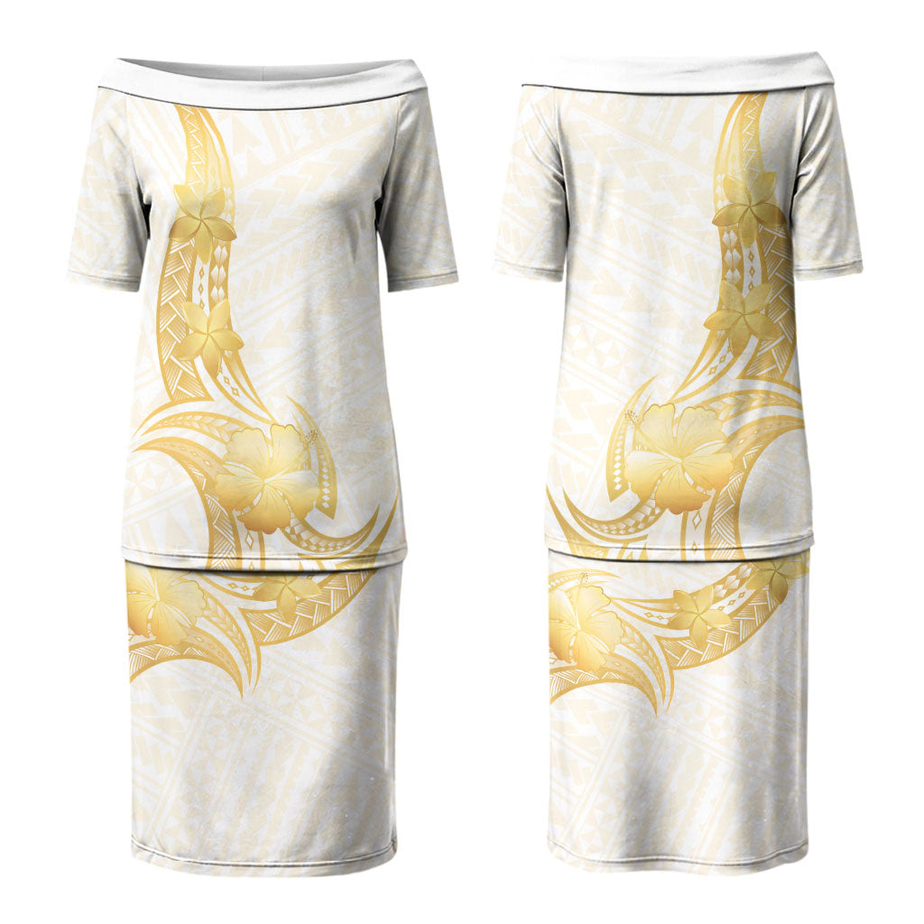 Polynesia White Sunday Couples Matching Puletasi and Long Sleeve Button Shirt Polynesian Tattoo Plumeria Hibiscus Gold LT14 - Polynesian Pride