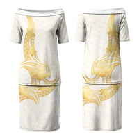 Polynesia White Sunday Couples Matching Puletasi and Long Sleeve Button Shirt Polynesian Tattoo Plumeria Hibiscus Gold LT14 - Polynesian Pride