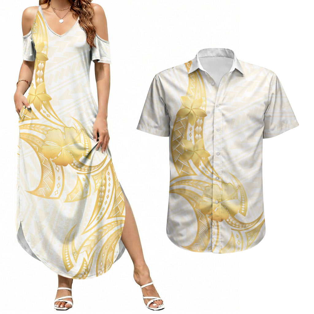 Polynesia White Sunday Couples Matching Summer Maxi Dress and Hawaiian Shirt Polynesian Tattoo Plumeria Hibiscus Gold LT14 White - Polynesian Pride