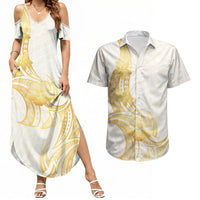 Polynesia White Sunday Couples Matching Summer Maxi Dress and Hawaiian Shirt Polynesian Tattoo Plumeria Hibiscus Gold LT14 White - Polynesian Pride