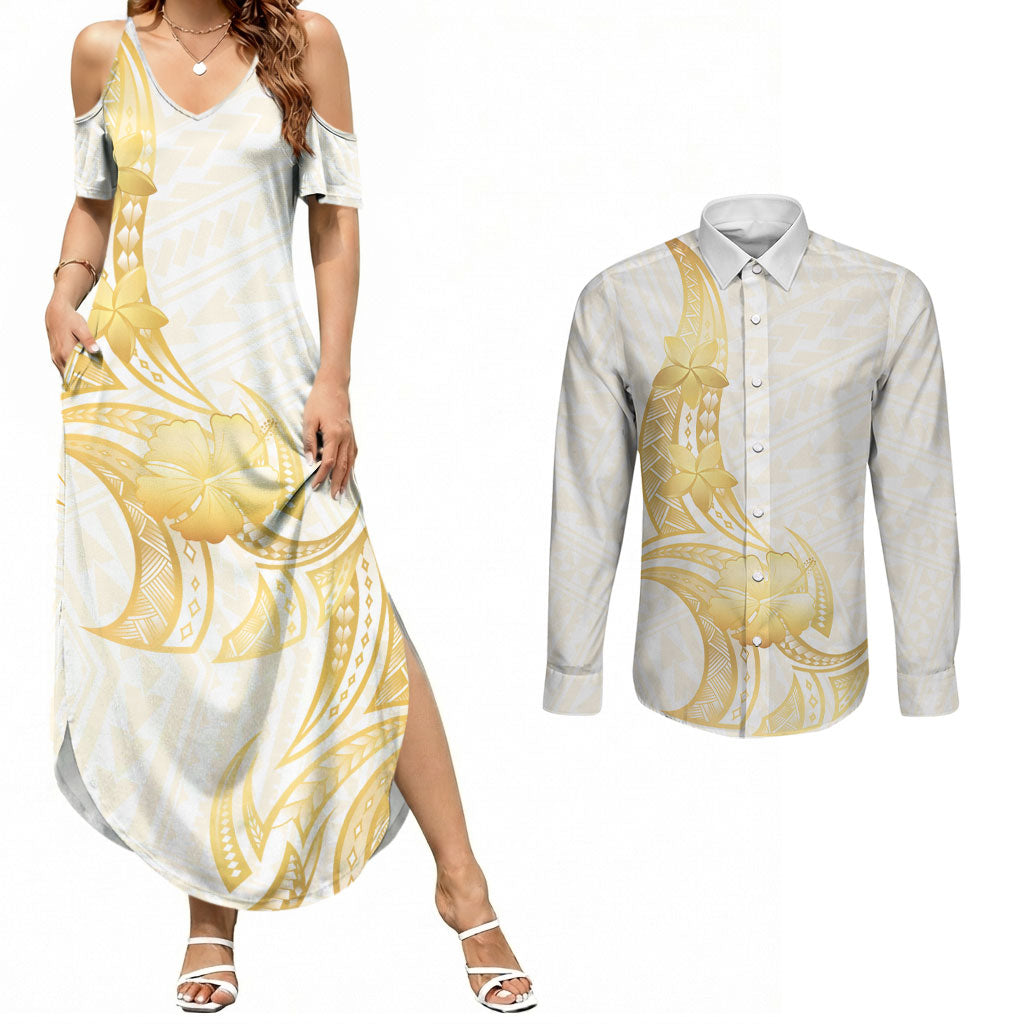 Polynesia White Sunday Couples Matching Summer Maxi Dress and Long Sleeve Button Shirt Polynesian Tattoo Plumeria Hibiscus Gold LT14 White - Polynesian Pride