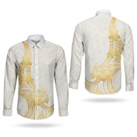 Polynesia White Sunday Couples Matching Summer Maxi Dress and Long Sleeve Button Shirt Polynesian Tattoo Plumeria Hibiscus Gold LT14 - Polynesian Pride