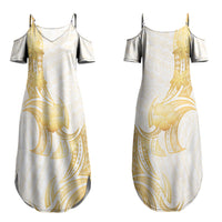 Polynesia White Sunday Couples Matching Summer Maxi Dress and Long Sleeve Button Shirt Polynesian Tattoo Plumeria Hibiscus Gold LT14 - Polynesian Pride