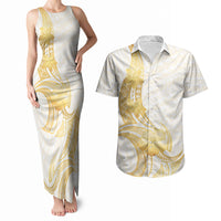 Polynesia White Sunday Couples Matching Tank Maxi Dress and Hawaiian Shirt Polynesian Tattoo Plumeria Hibiscus Gold LT14 White - Polynesian Pride
