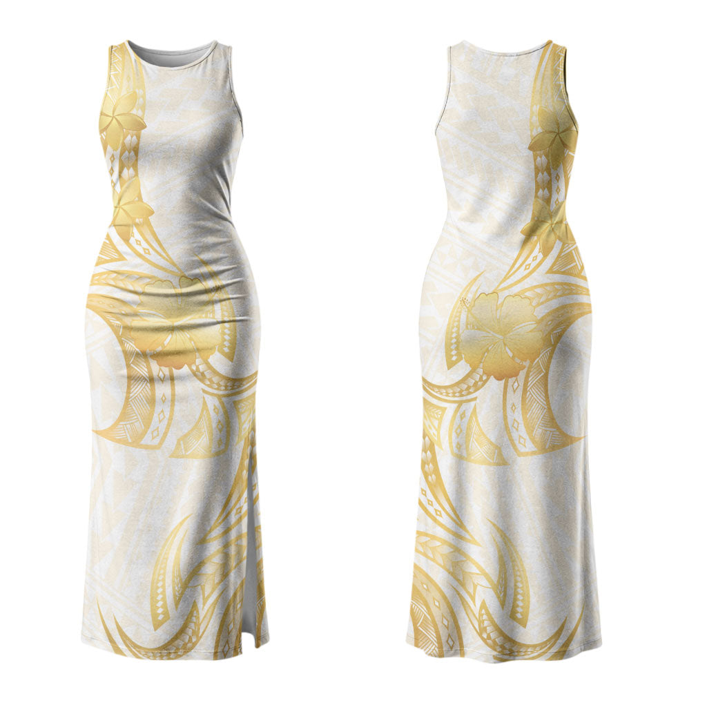 Polynesia White Sunday Couples Matching Tank Maxi Dress and Long Sleeve Button Shirt Polynesian Tattoo Plumeria Hibiscus Gold LT14 - Polynesian Pride