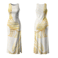 Polynesia White Sunday Couples Matching Tank Maxi Dress and Long Sleeve Button Shirt Polynesian Tattoo Plumeria Hibiscus Gold LT14 - Polynesian Pride