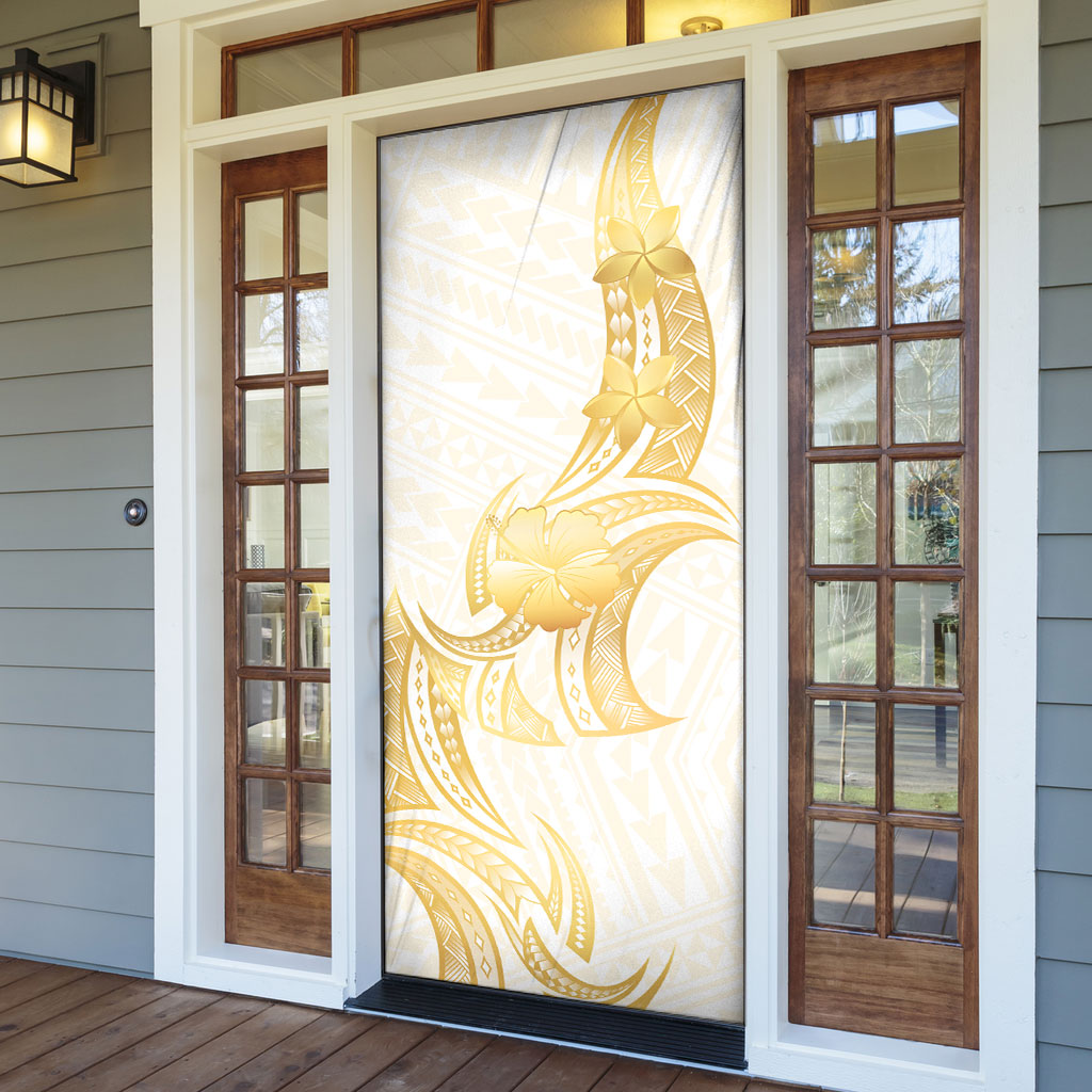 Polynesia White Sunday Door Cover Polynesian Tattoo Plumeria Hibiscus Gold LT14 - Polynesian Pride