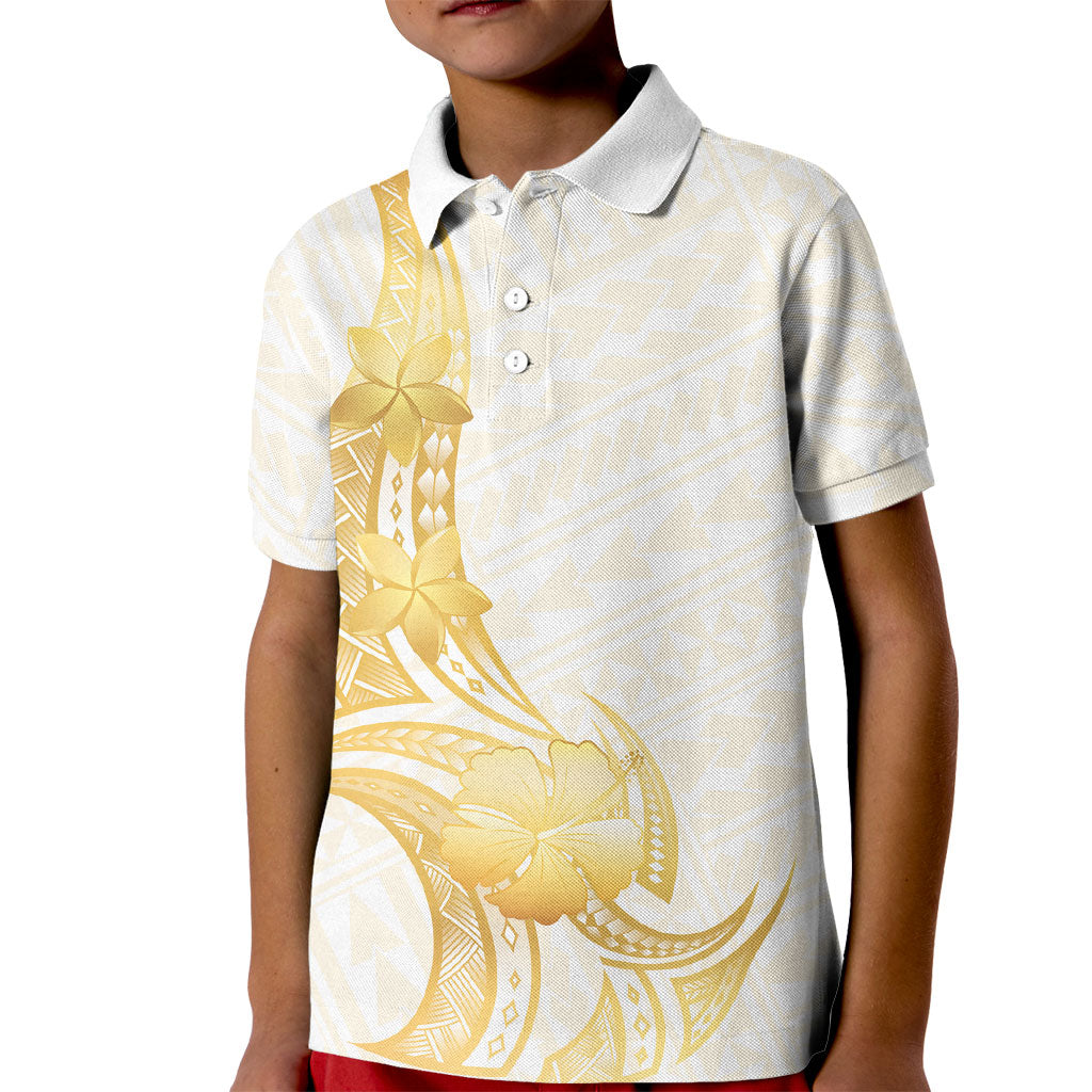 Polynesia White Sunday Kid Polo Shirt Polynesian Tattoo Plumeria Hibiscus Gold LT14 Kid White - Polynesian Pride
