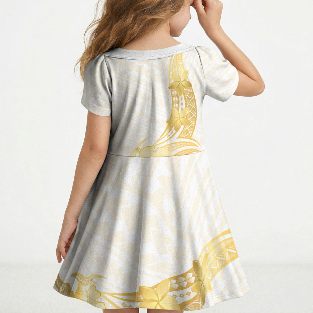 Polynesia White Sunday Kid Short Sleeve Dress Polynesian Tattoo Plumeria Hibiscus Gold LT14 - Polynesian Pride
