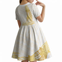 Polynesia White Sunday Kid Short Sleeve Dress Polynesian Tattoo Plumeria Hibiscus Gold LT14 - Polynesian Pride