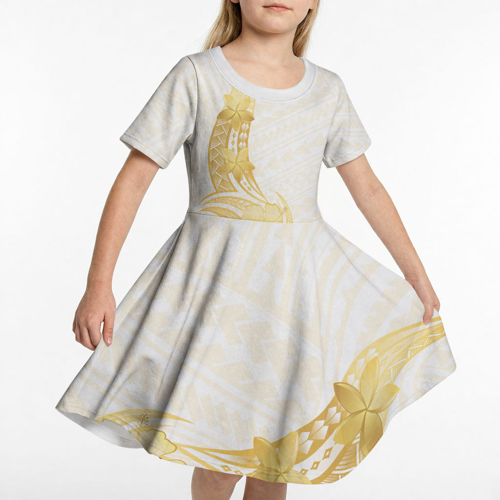 Polynesia White Sunday Kid Short Sleeve Dress Polynesian Tattoo Plumeria Hibiscus Gold LT14 - Polynesian Pride