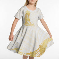 Polynesia White Sunday Kid Short Sleeve Dress Polynesian Tattoo Plumeria Hibiscus Gold LT14 - Polynesian Pride