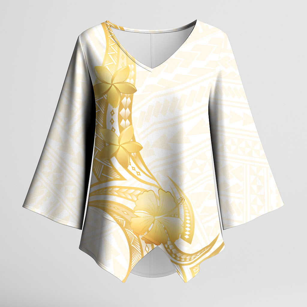 Polynesia White Sunday Kimono Sleeve Blouse Polynesian Tattoo Plumeria Hibiscus Gold LT14 Female White - Polynesian Pride