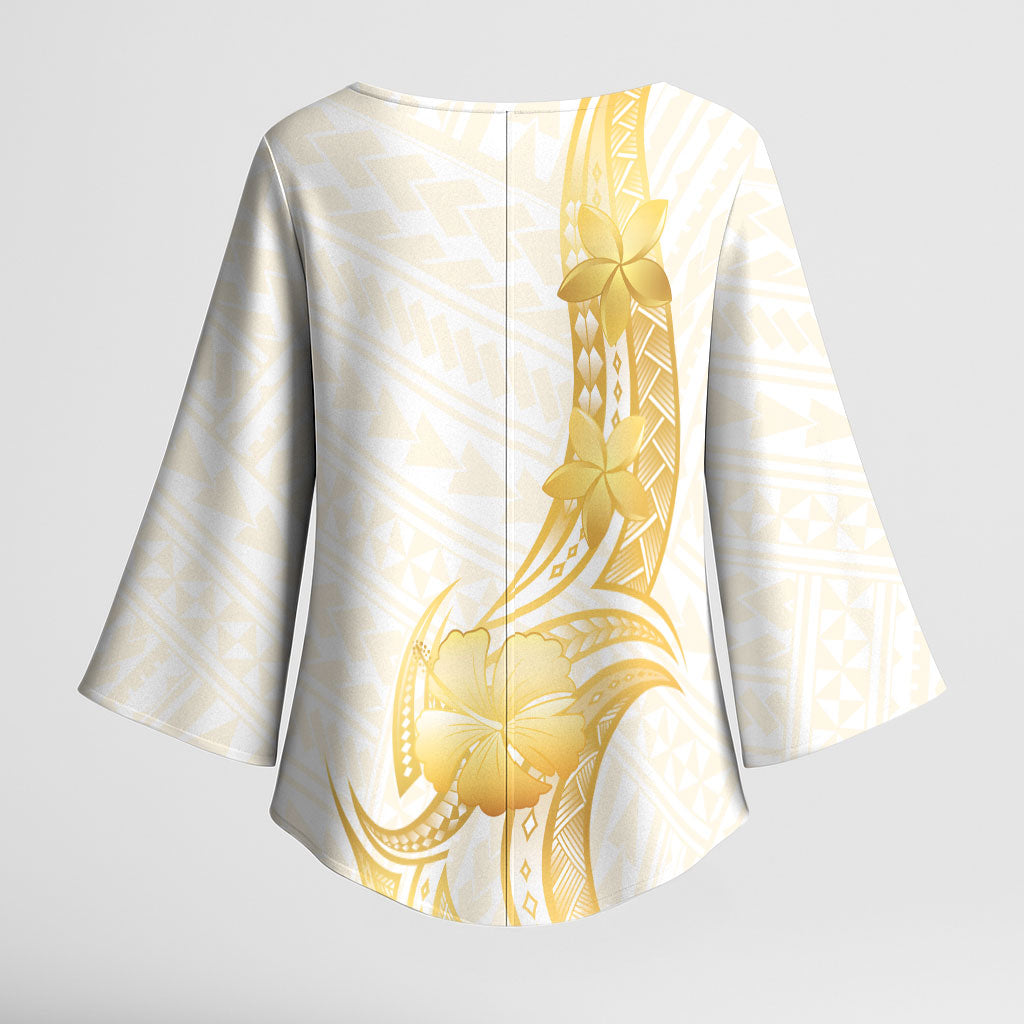 Polynesia White Sunday Kimono Sleeve Blouse Polynesian Tattoo Plumeria Hibiscus Gold LT14 - Polynesian Pride