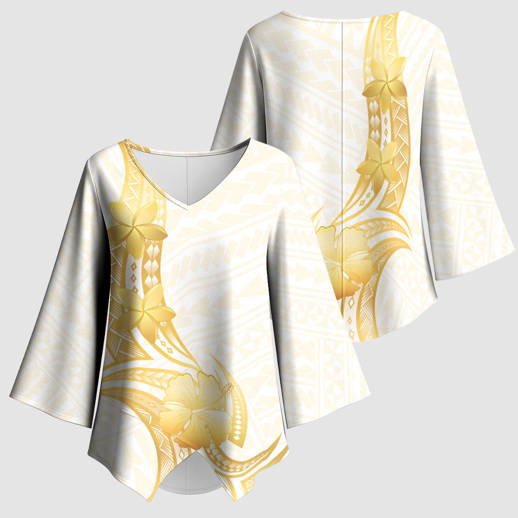 Polynesia White Sunday Kimono Sleeve Blouse Polynesian Tattoo Plumeria Hibiscus Gold LT14 - Polynesian Pride