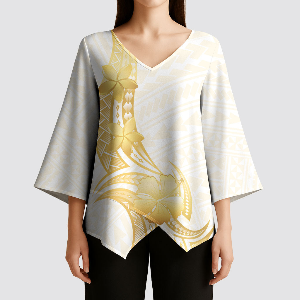 Polynesia White Sunday Kimono Sleeve Blouse Polynesian Tattoo Plumeria Hibiscus Gold LT14 - Polynesian Pride