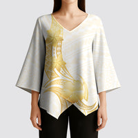 Polynesia White Sunday Kimono Sleeve Blouse Polynesian Tattoo Plumeria Hibiscus Gold LT14 - Polynesian Pride