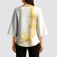 Polynesia White Sunday Kimono Sleeve Blouse Polynesian Tattoo Plumeria Hibiscus Gold LT14 - Polynesian Pride
