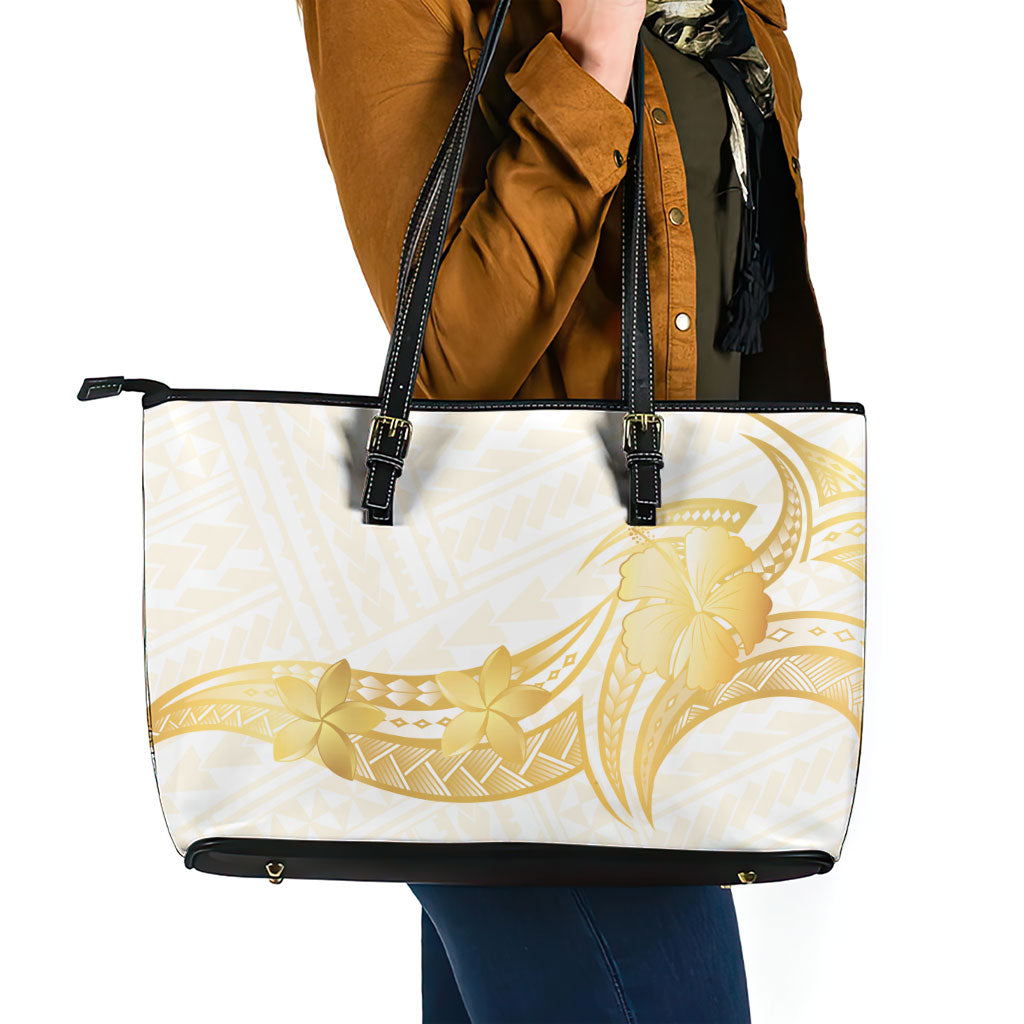 Polynesia White Sunday Leather Tote Bag Polynesian Tattoo Plumeria Hibiscus Gold LT14 - Polynesian Pride