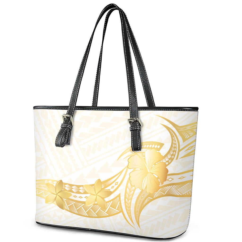 Polynesia White Sunday Leather Tote Bag Polynesian Tattoo Plumeria Hibiscus Gold LT14 - Polynesian Pride