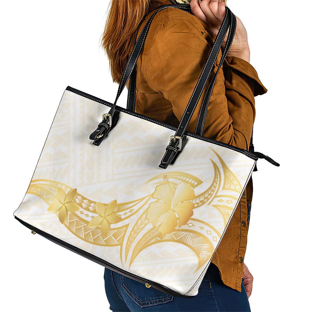 Polynesia White Sunday Leather Tote Bag Polynesian Tattoo Plumeria Hibiscus Gold LT14 - Polynesian Pride