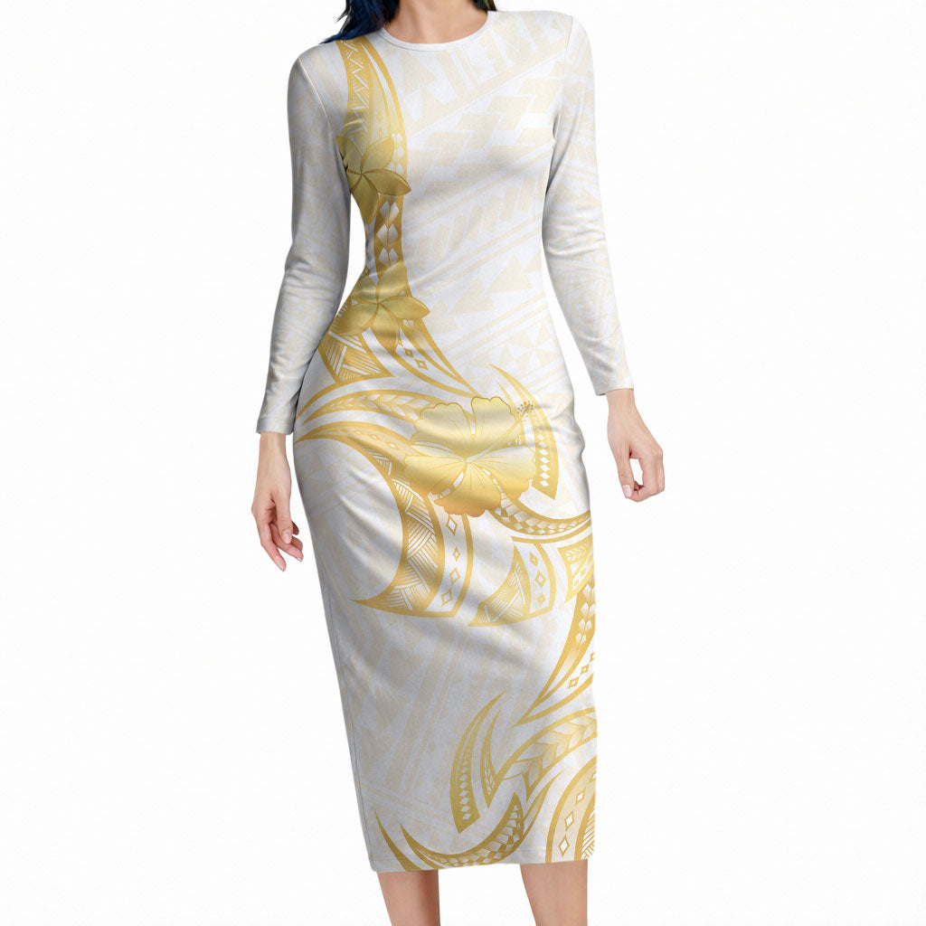 Polynesia White Sunday Long Sleeve Bodycon Dress Polynesian Tattoo Plumeria Hibiscus Gold LT14 Long Dress White - Polynesian Pride