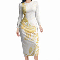 Polynesia White Sunday Long Sleeve Bodycon Dress Polynesian Tattoo Plumeria Hibiscus Gold LT14 Long Dress White - Polynesian Pride