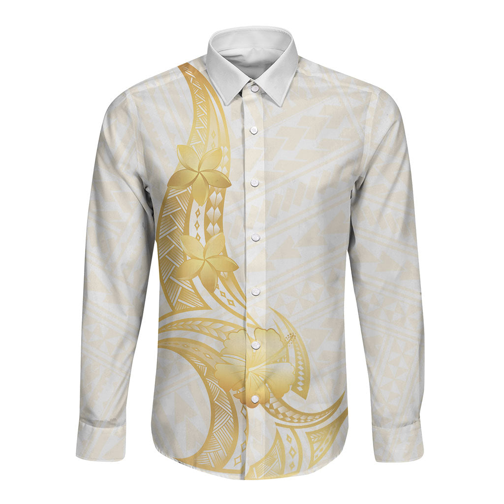 Polynesia White Sunday Long Sleeve Button Shirt Polynesian Tattoo Plumeria Hibiscus Gold LT14 Unisex White - Polynesian Pride