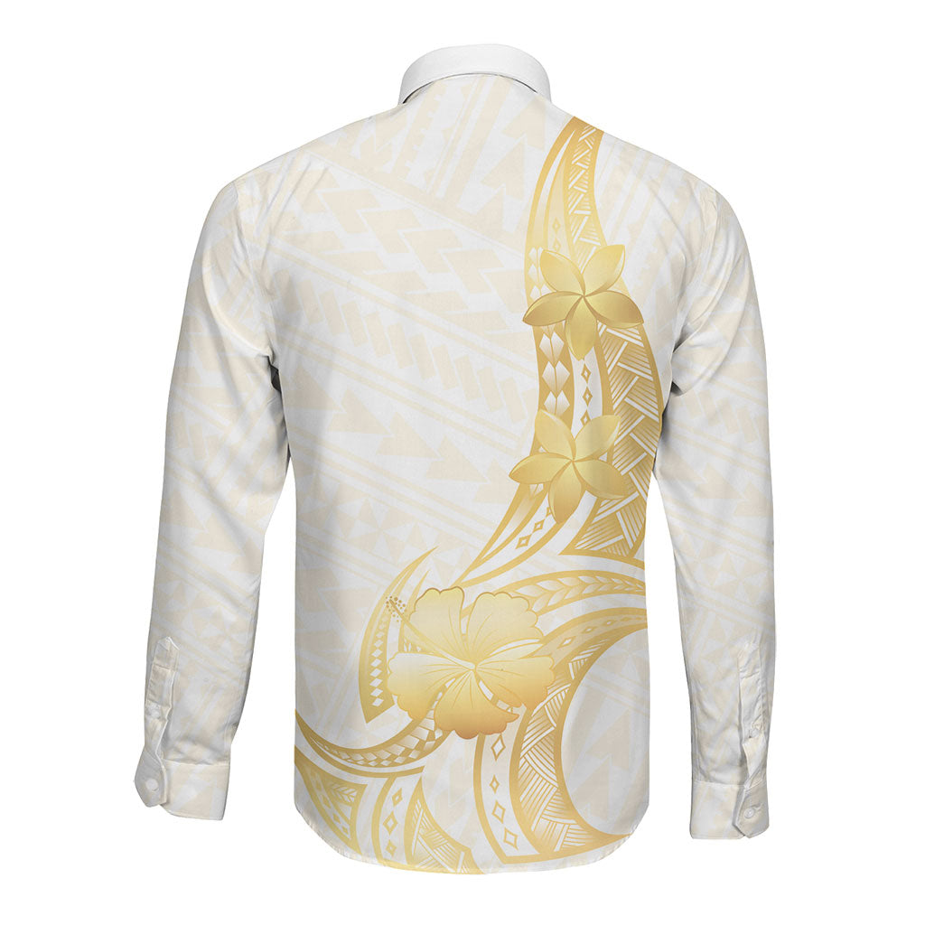 Polynesia White Sunday Long Sleeve Button Shirt Polynesian Tattoo Plumeria Hibiscus Gold LT14 - Polynesian Pride
