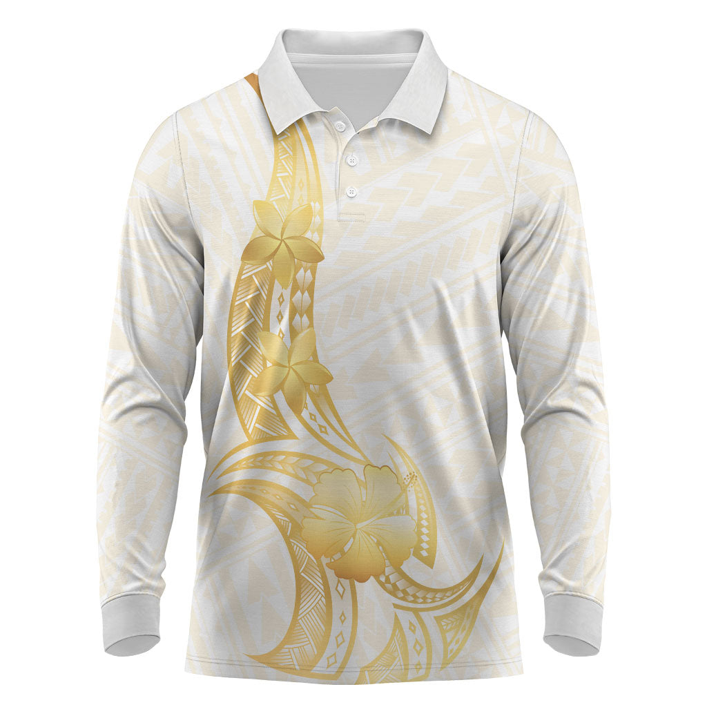Polynesia White Sunday Long Sleeve Polo Shirt Polynesian Tattoo Plumeria Hibiscus Gold LT14 White - Polynesian Pride
