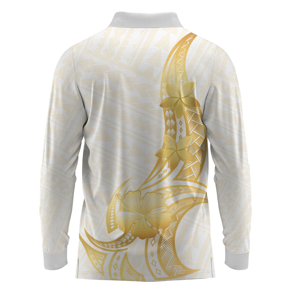 Polynesia White Sunday Long Sleeve Polo Shirt Polynesian Tattoo Plumeria Hibiscus Gold LT14 - Polynesian Pride