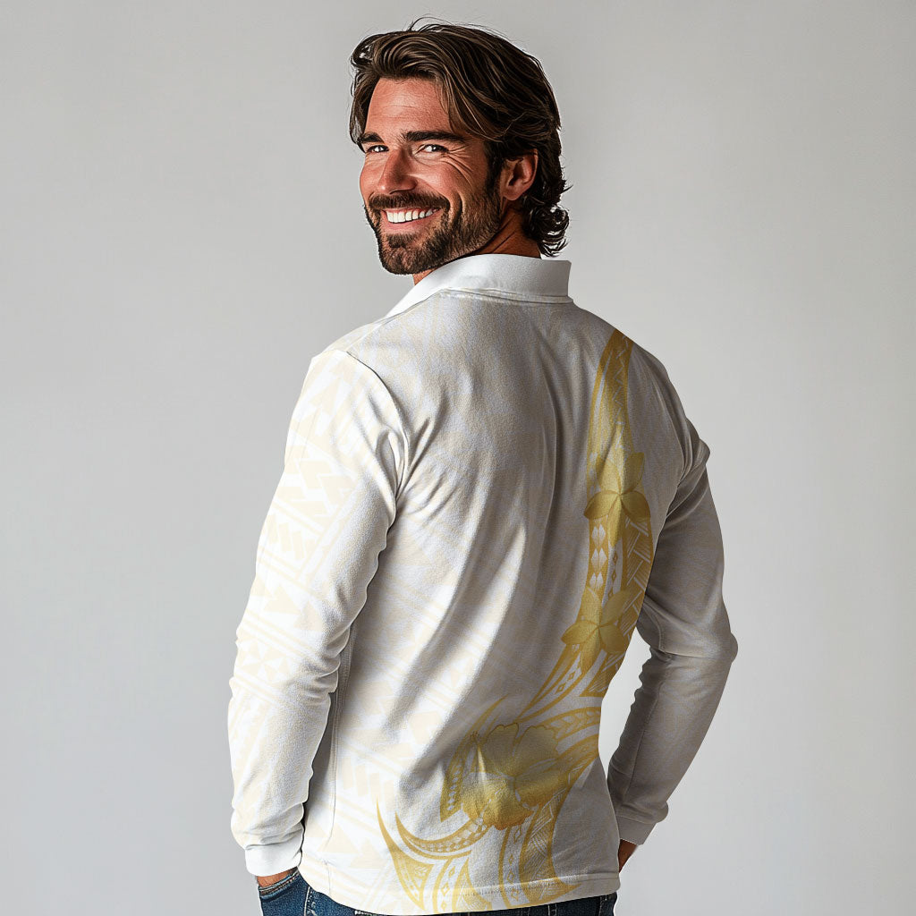 Polynesia White Sunday Long Sleeve Polo Shirt Polynesian Tattoo Plumeria Hibiscus Gold LT14 - Polynesian Pride