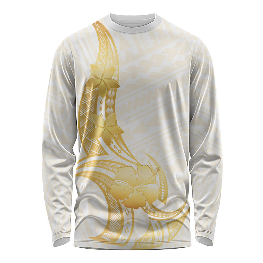 Polynesia White Sunday Long Sleeve Shirt Polynesian Tattoo Plumeria Hibiscus Gold LT14 Unisex White - Polynesian Pride