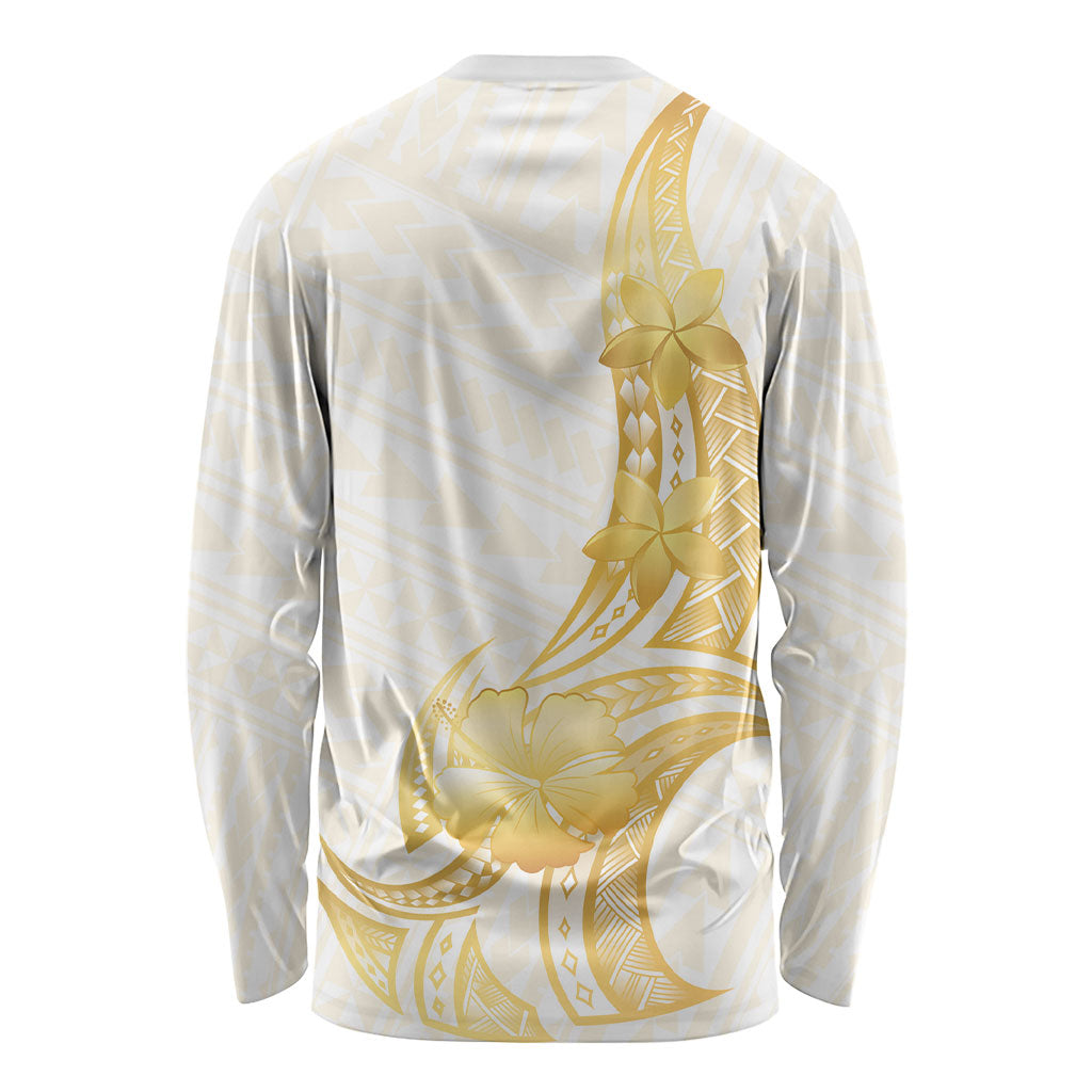 Polynesia White Sunday Long Sleeve Shirt Polynesian Tattoo Plumeria Hibiscus Gold LT14 - Polynesian Pride