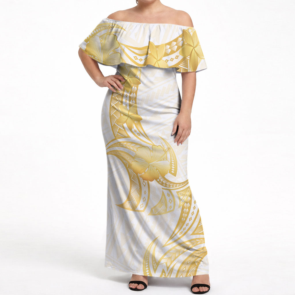 Polynesia White Sunday Off Shoulder Maxi Dress Polynesian Tattoo Plumeria Hibiscus Gold LT14 Women White - Polynesian Pride