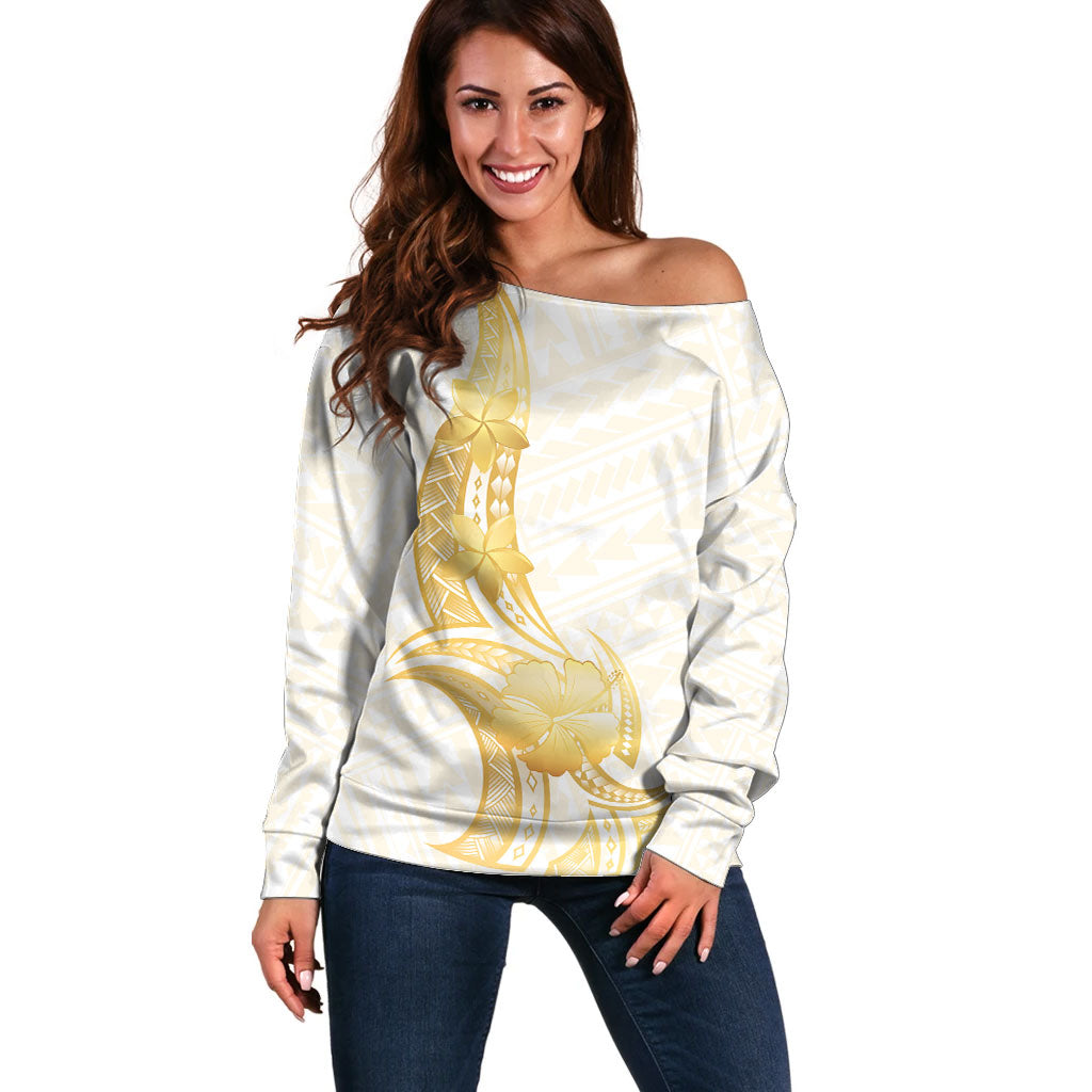 Polynesia White Sunday Off Shoulder Sweater Polynesian Tattoo Plumeria Hibiscus Gold LT14 Women White - Polynesian Pride